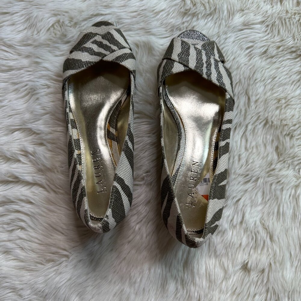 Lauren Ralph Lauren Zebra Canvas Printed Open Toe Wedge Women's 6B - Picture 5 of 6